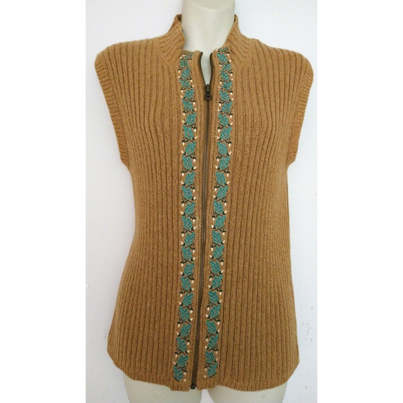 Woolrich Womens Embroidered Ribbed Sweater Vest Full Zip Brown Size Large - Picture 1 of 8